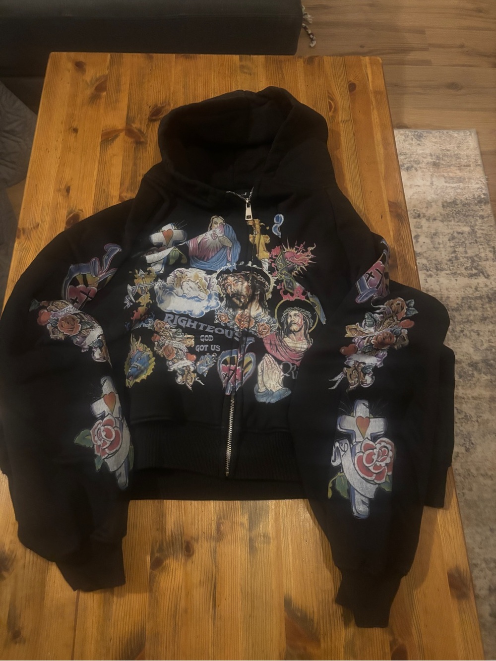Black Graphic Zip-Up Bomber Hoodie Jacket -